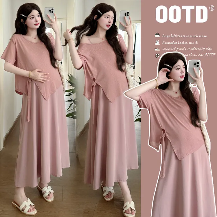 孕妇夏季时尚显瘦不规则假两件连衣裙时髦孕期法式穿搭裙中长款