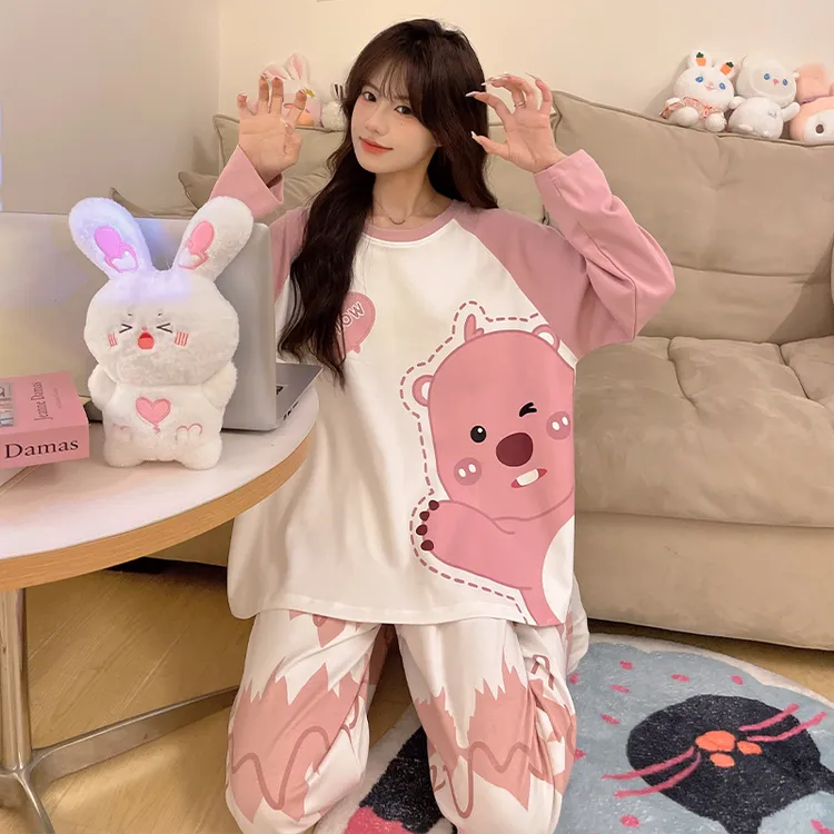睡衣女长袖长裤春秋季青年女生韩版卡通200斤大码家居服宽松套装