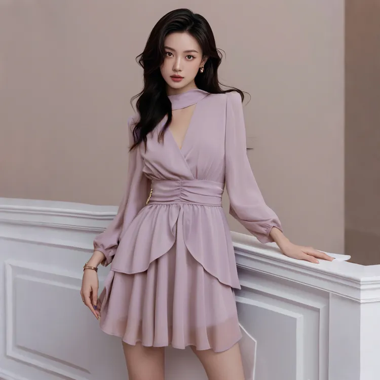 A【有里布】法式气质长袖连衣裙女新款高级感收腰显瘦短裙子D0613