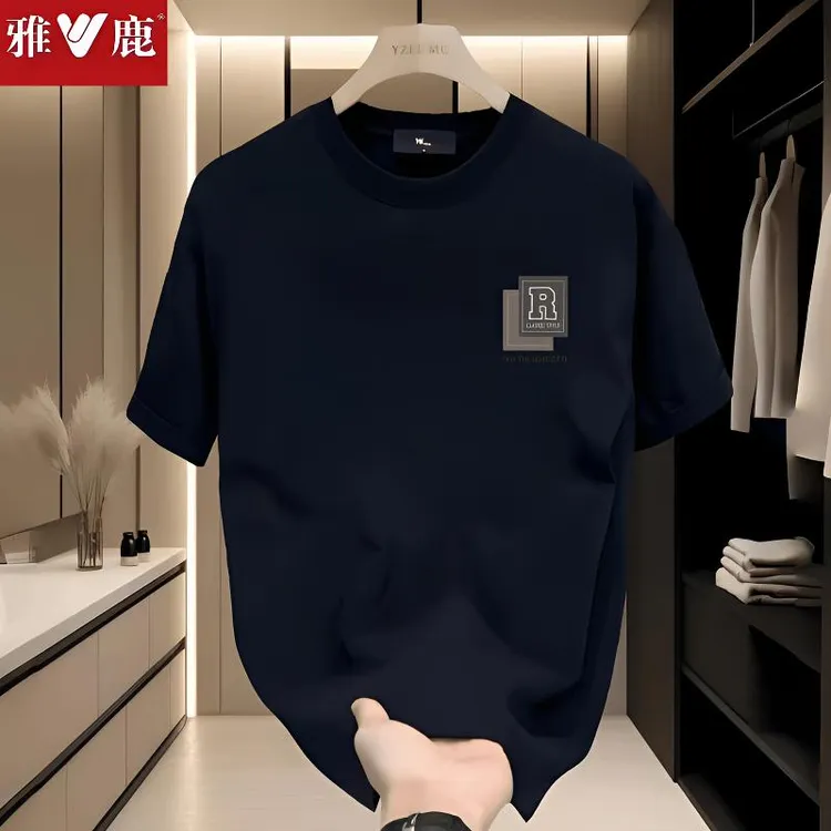 雅鹿男装夏季男士短袖轻奢透气纯棉宽松印花圆领休闲半袖潮流黑色