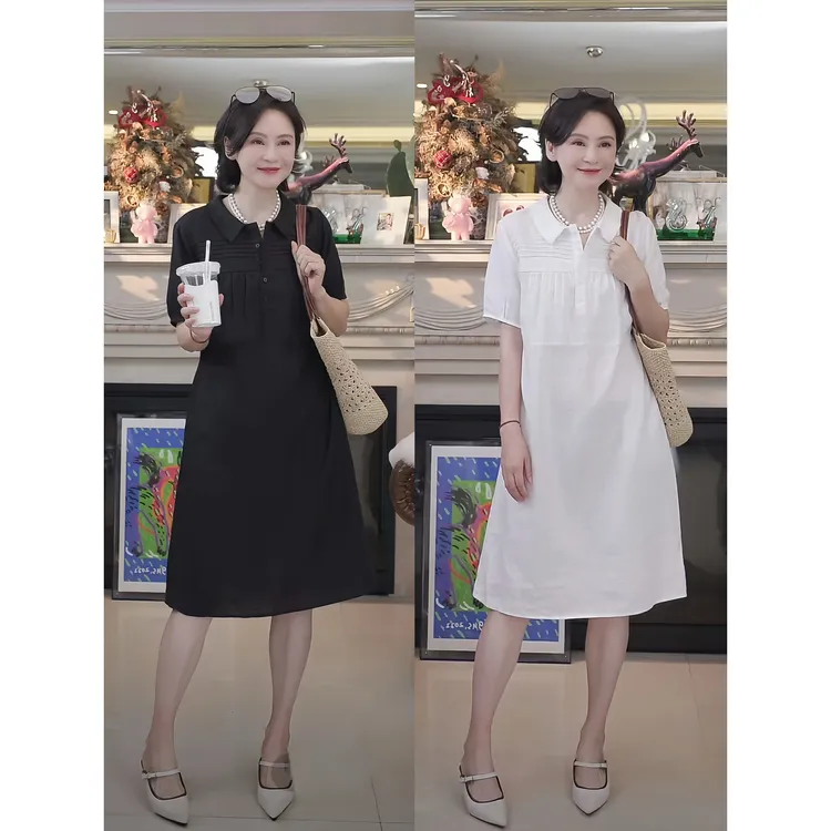 我是摩羯 浪漫小白裙短袖 100亚麻7万针雕空绣花夏娃娃领裙子