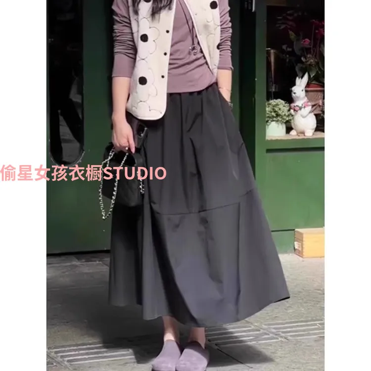 黑色花苞裙半身裙女夏季中长款A字裙松紧腰气质百搭垂感宽松伞裙