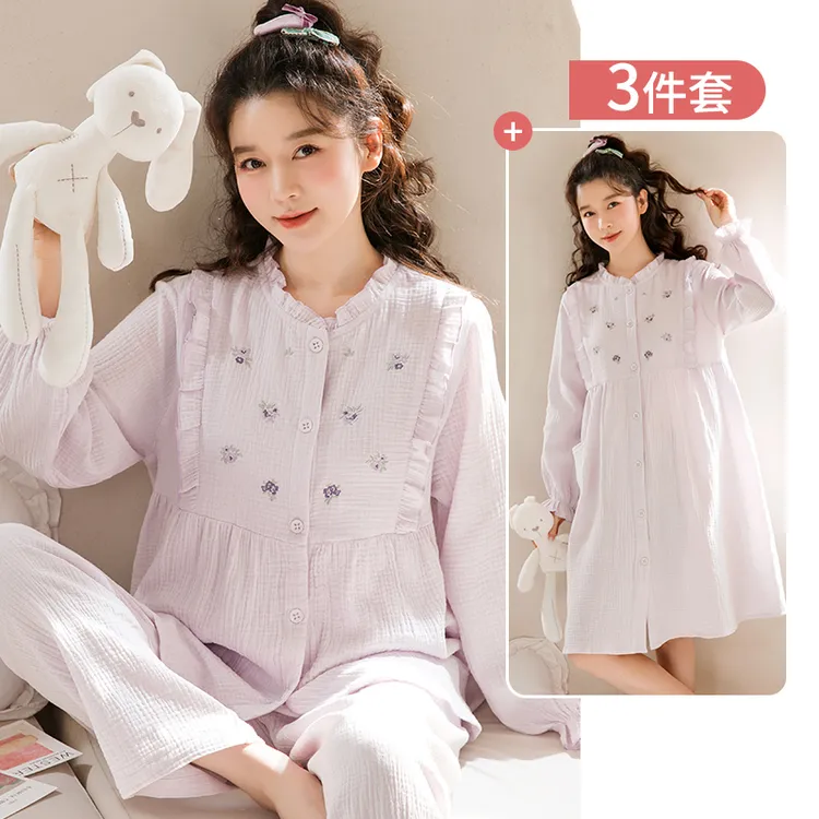 家时光月子服春夏长袖纯棉哺乳服产妇孕期家居服带胸垫孕产裙1467