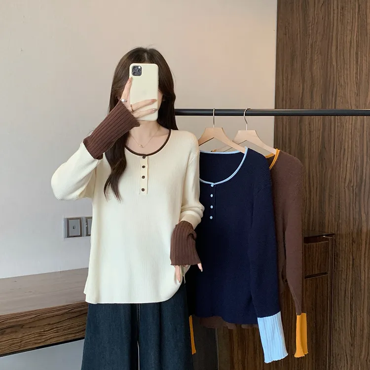 2025秋冬新款胖mm大码女减龄撞色拼接软糯针织毛衣上衣72123