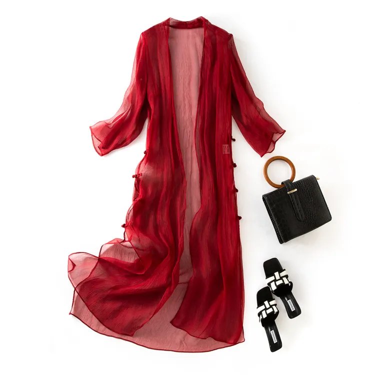 真丝防晒衫女中长款夏季薄款长风衣桑蚕丝飘逸披肩外套潮85048