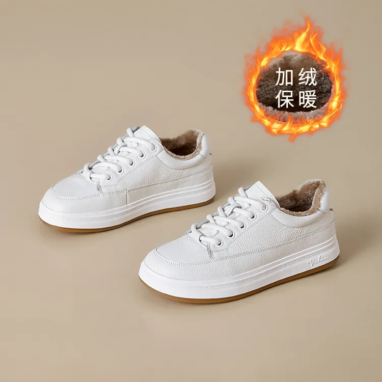 头层牛皮冬季加绒软底小白鞋女低帮新款保暖棉鞋平底时尚运动板鞋