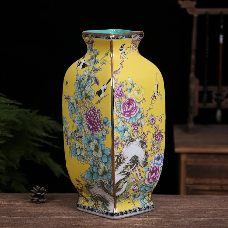 珐琅彩四方花鸟瓶景德镇陶瓷花瓶仿古中式瓷器摆件工艺品桌面摆台