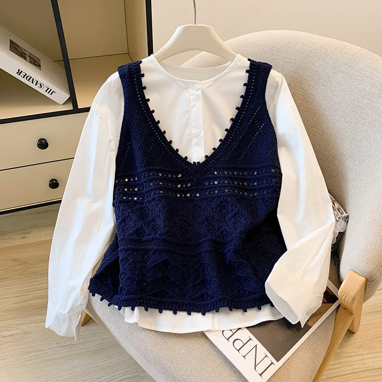 镂空针织马甲+长袖衬衫女秋季2025新款宽松显瘦减龄两件套上衣潮