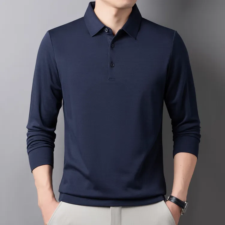 [山羊绒桑蚕丝]秋季男装爸爸polo衫长袖高端翻领T恤柔软亲肤抗皱