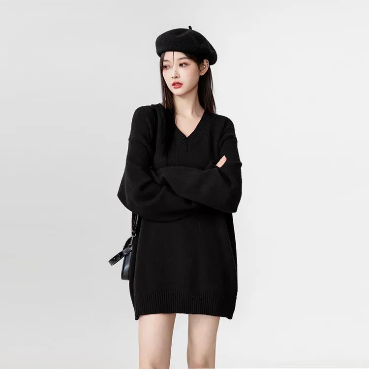 韩版大码秋冬内搭加厚女打底衫上衣胖mm慵懒毛衣中长款黑色针织衫