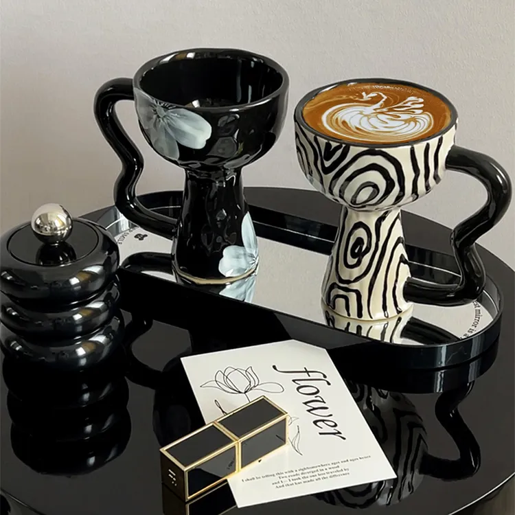 态生活  小众复古风高脚咖啡杯陶瓷高颜值手工创意艺术甜品雾花杯