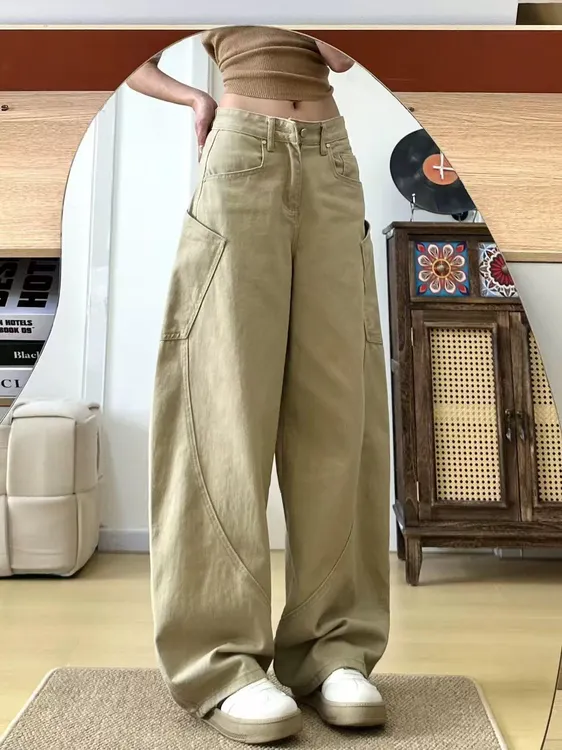 卡其色大口袋宽松阔腿牛仔裤女2025年秋季新款高腰显瘦工装弯刀裤