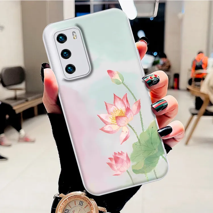 适用华为p40水凝壳p40pro手机壳好运莲花时尚新款防刮防摔保护套