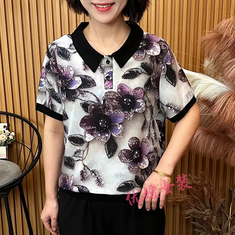 妈妈装夏季薄款翻领大花洋气百搭宽松显瘦中老年女装短袖上衣A813