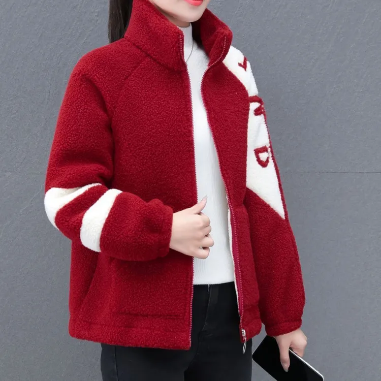 A外贸羊羔毛外套女秋冬季新款时尚洋气质加绒棉衣女加厚颗粒绒