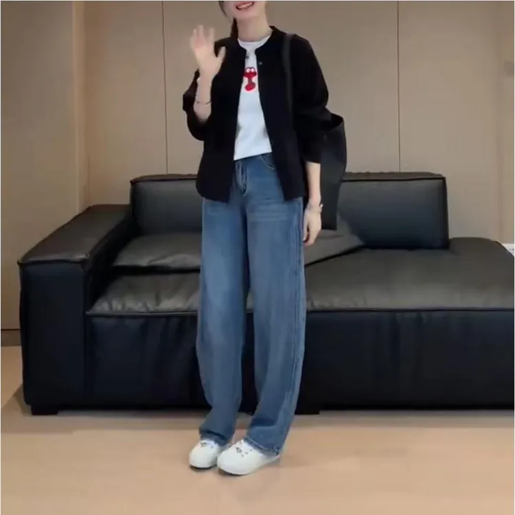 新款韩版简约时尚休闲减龄长袖外套百搭显瘦直筒牛仔裤女25076