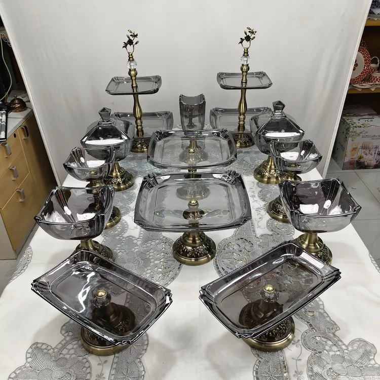 欧式方形13脚15头透明灰色果盘套装hirustal简约轻奢高档