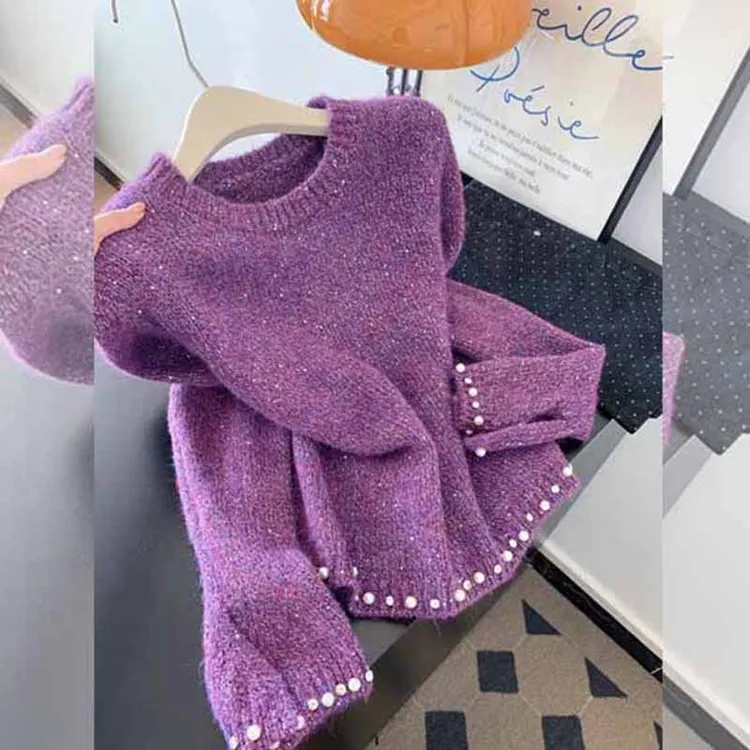 秋冬季时尚紫色钉珠长袖套头针织衫毛衣女装设计感大码胖妹妹上衣