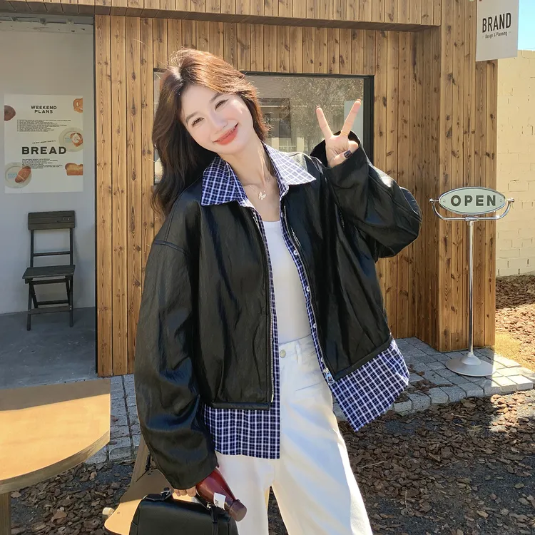 酷飒风高级感假两件黑色皮衣外套女2025新款秋季休闲格纹拼接夹克