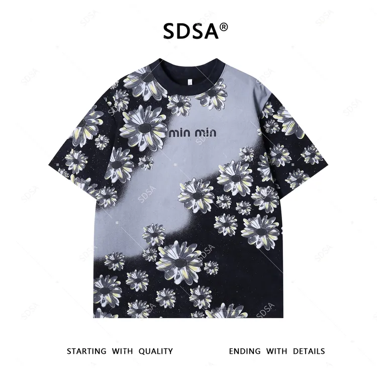 T4490男士短袖t恤2025新款轻痞帅男装撞色花卉印花满天星圆领上衣