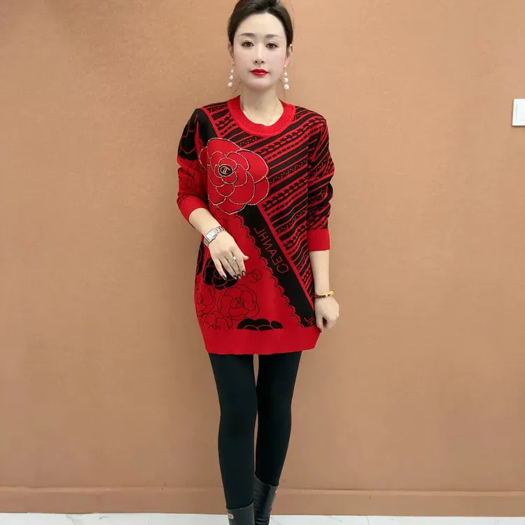 大码玫瑰中长款针织衫圆领设计舒适百搭秋冬季中老年女装