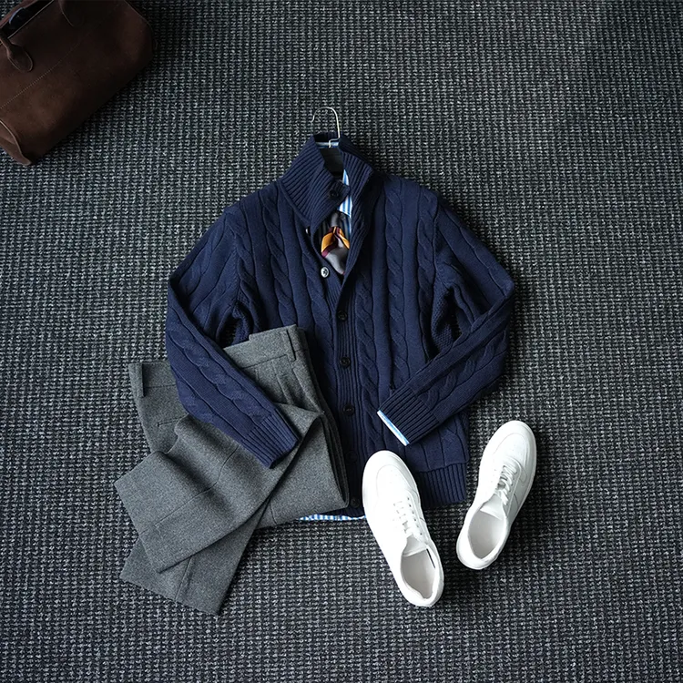 CssuGent秋冬老钱风立领麻花羊毛针织衫外套男恩巴风复古新贵毛衣