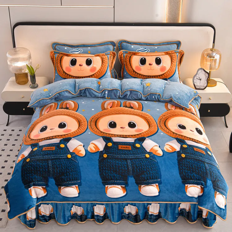 冬季牛奶绒保暖加厚加绒四件套宿舍加密毛绒床上用品双面绒印花