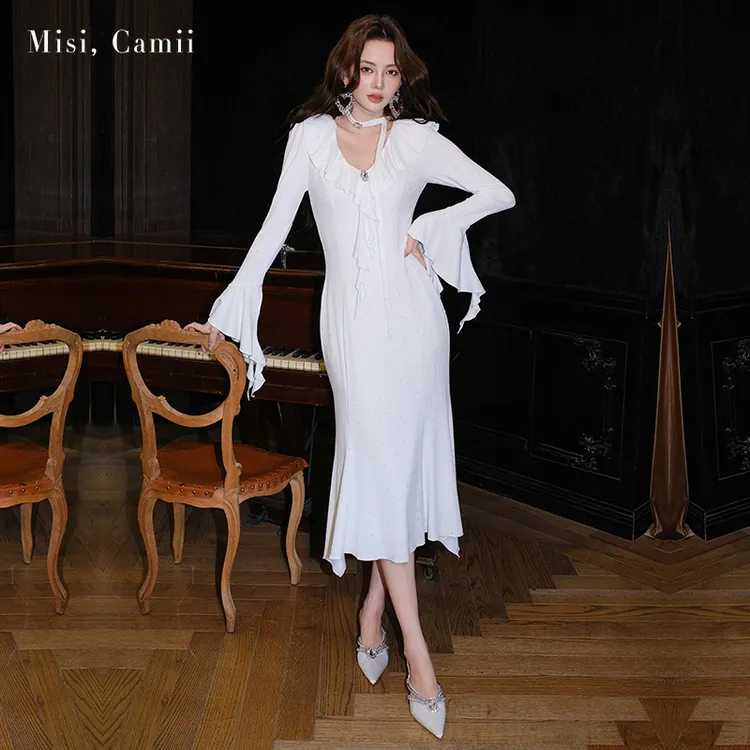 Misi,Camii2025秋冬新款女装烫钻荷叶边鱼尾连衣裙名媛风性感时尚