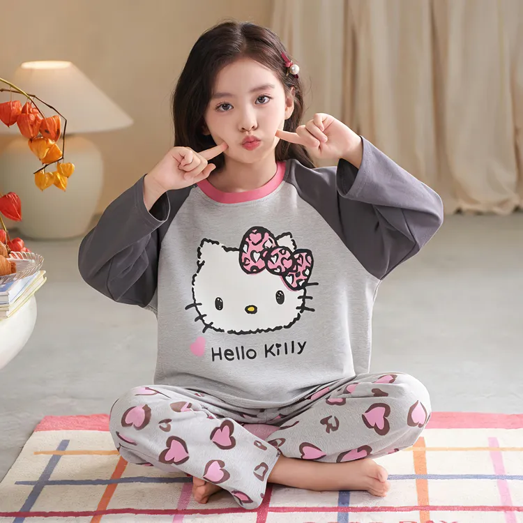 卡通KT猫春秋纯棉儿童睡衣长袖圆领女童中大童薄款舒适家居服套装
