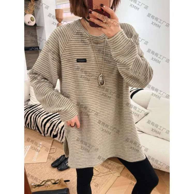 XMM【糯米条纹长袖】卫衣休闲慵懒风磨毛条纹时尚百搭打底宽松7591G