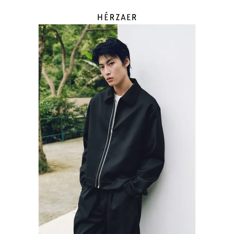HERZAER 澳洲进口美利奴精纺羊毛极简双拉链翻领行政夹克短宽外套