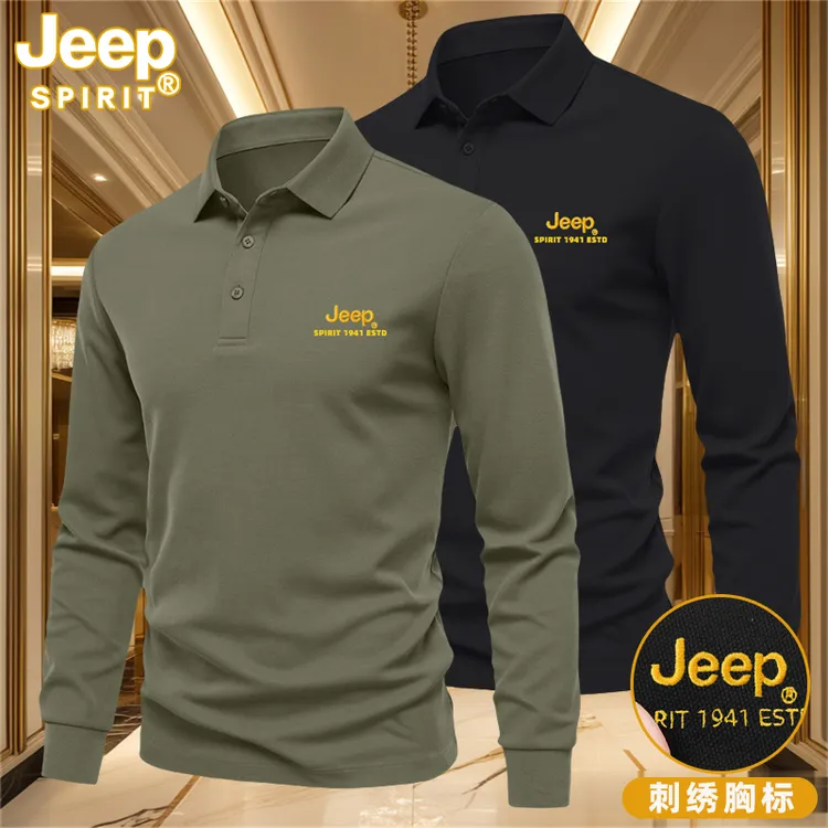 JEEP SPIRIT刺绣polo衫男款春秋季翻领藏青色高档长袖T恤男装上衣