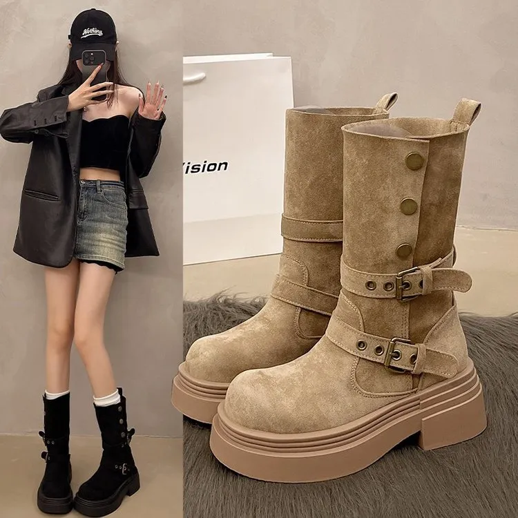 惠典 金属皮带扣马丁靴女厚底2025新款西部牛仔靴复古粗跟堆堆靴