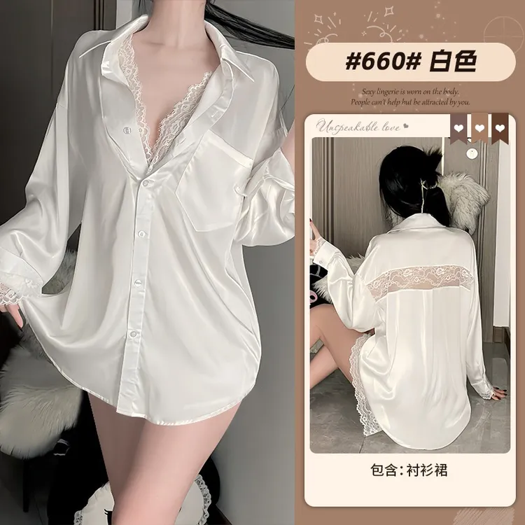 男友衬衫蕾丝纯欲风蕾丝拼接长袖宽松白衬衫睡衣套装适合夏季家居