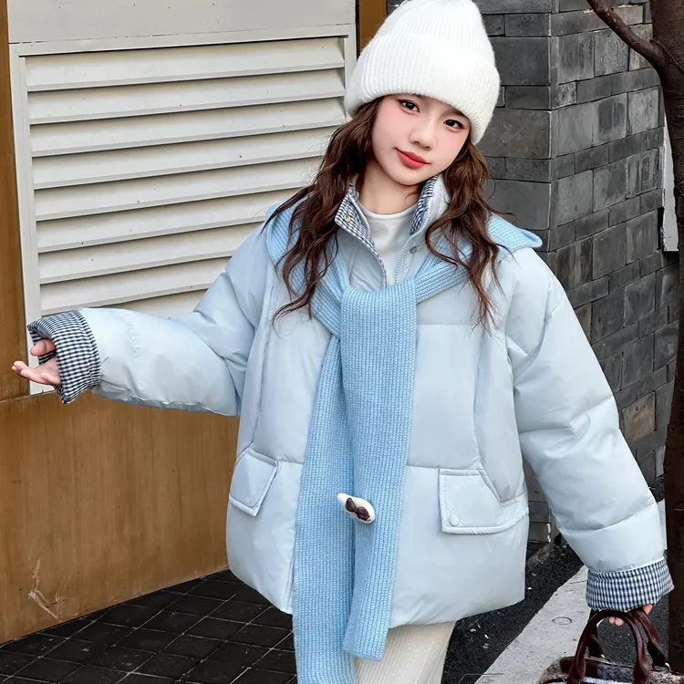 女童休闲风百搭厚款纯色棉衣立领短款棉服中大童冬装韩版保暖棉袄