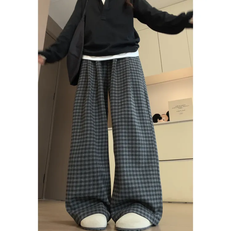 鑫鑫同学格子阔腿裤女2025新款高腰宽松百搭显瘦休闲裤秋冬穿搭