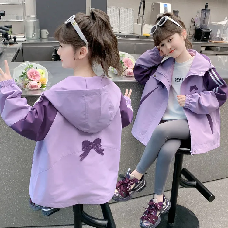 女童春装拼接蝴蝶连帽冲锋衣外套2025早春洋气中大童插肩袖风衣11