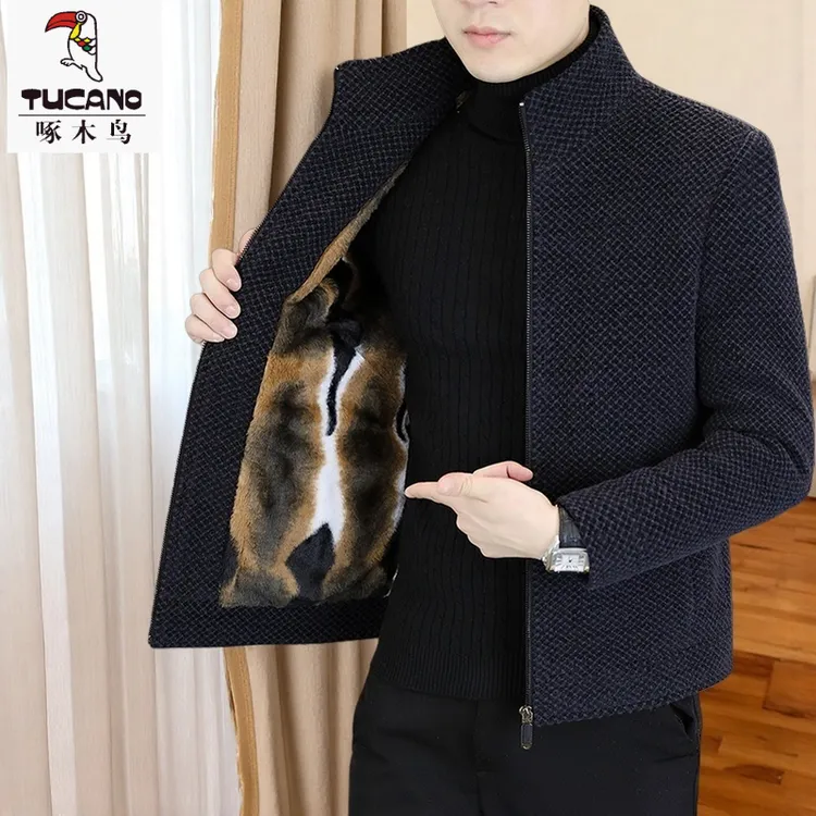 啄木鸟帅时尚百搭加绒加厚帅气秋冬季男士轻奢棉服韩版毛呢子夹克