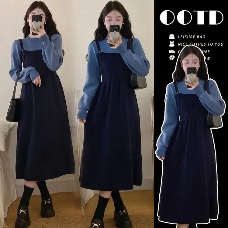 孕妇装蓝色背带裙假两件连衣裙女秋冬新款撞色针织毛衣裙长裙子