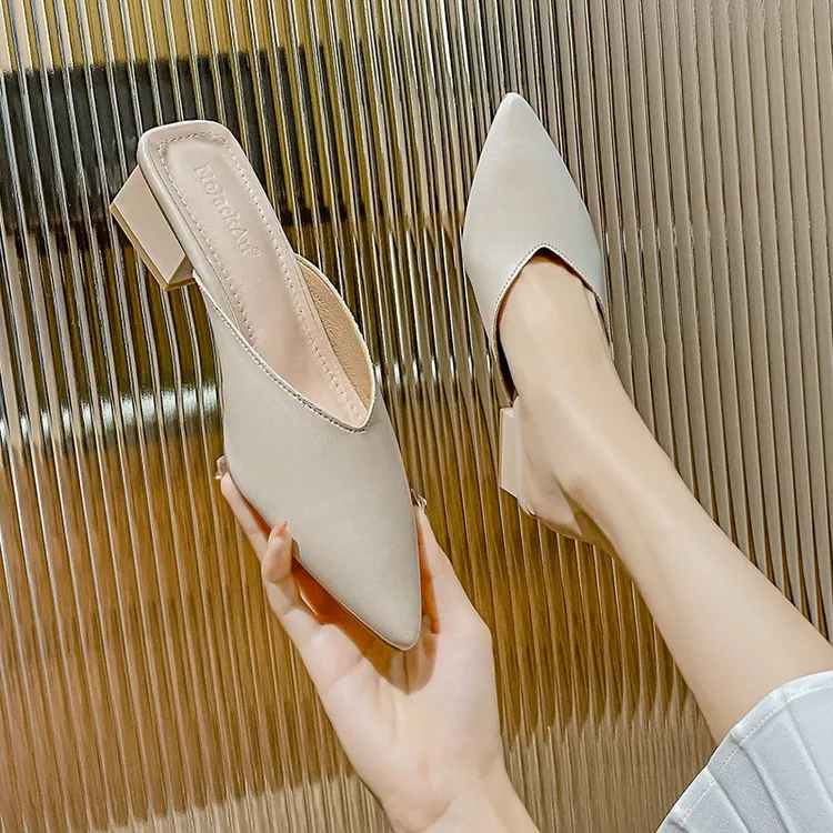 真皮新款法式半托单鞋尖头包头半拖鞋女夏外穿懒人穆勒鞋凉拖中跟