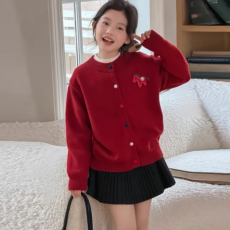 女童冬装红色毛衣2025新款儿童洋气针织衫中大童时髦女孩拜年服潮