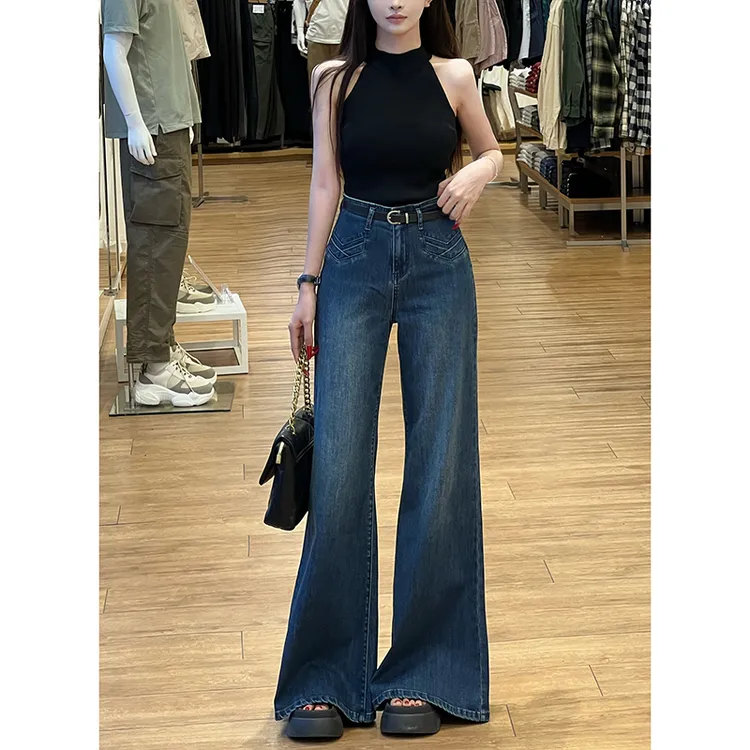 深色高腰不贴腿喇叭牛仔裤女2025秋季新款显瘦显高百搭拖地长裤
