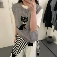 卡通可爱珍珠猫咪提花圆领针织马甲女2025秋季新款叠穿毛衣背心