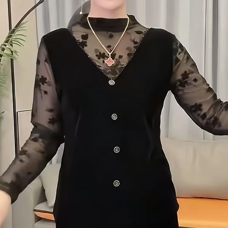 【双赢专属】修身型秋季拼接长袖圆领薄款衬衫袖女款衬衫中国风T恤