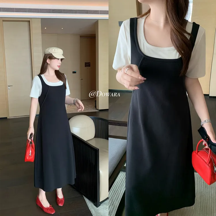 现货大婉酱微胖定制韩系设计感显瘦假两件连衣裙衣服女裙子 6714D