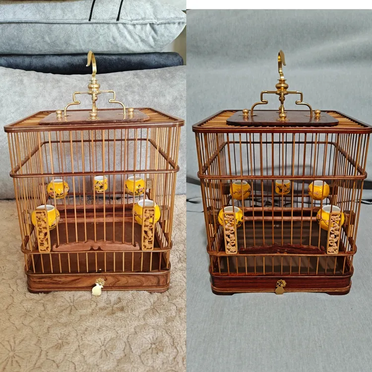 红木款宽23高26红子贝子绣眼黄鸟珍珠玉鸟笼