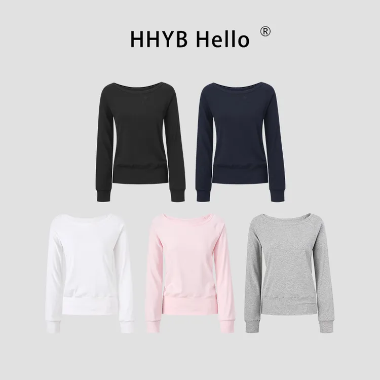 HHYB Hello一字肩长袖T恤女2025秋季新款内搭宽松露肩上衣250780