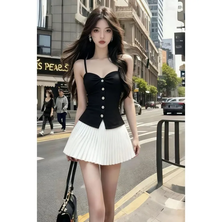 静奢气质轻熟风黑色桃心领无袖吊带单排扣上衣+白色百褶裙两件套