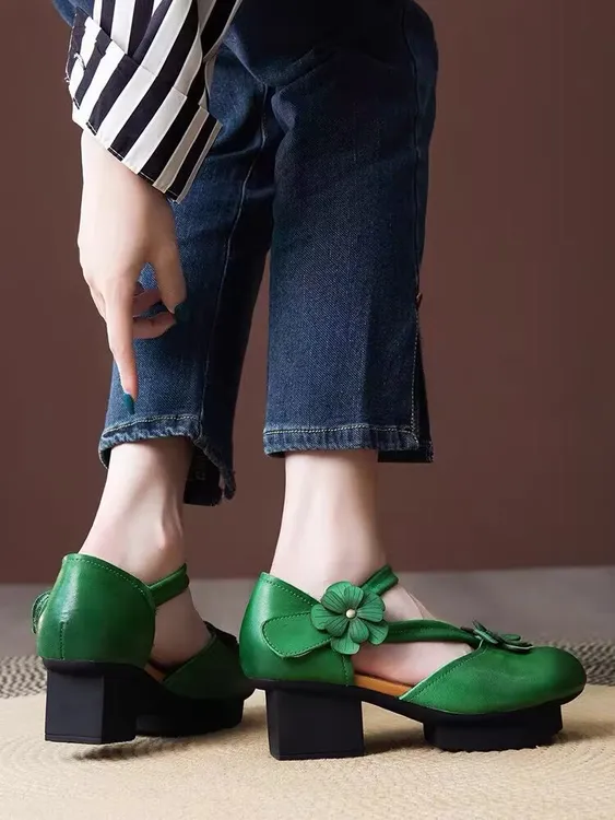 新中式格格鞋2025新款夏季高跟鞋真皮复古包头女士不累脚时装凉鞋