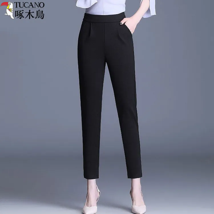 TUCANO/啄木鳥黑色毛呢小脚裤女款秋冬新款小个子加厚九分烟管裤